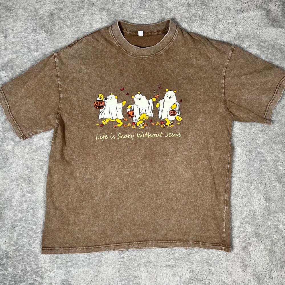 Life is Scary Without Jesus Halloween Ghost Bear Acid Wash Brown T-Shirt Medium